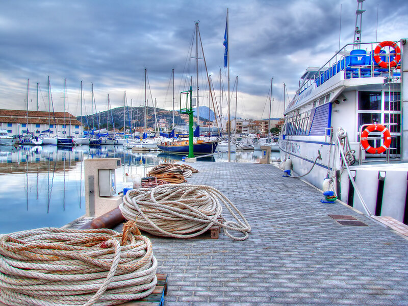 Boats docked at a marina
