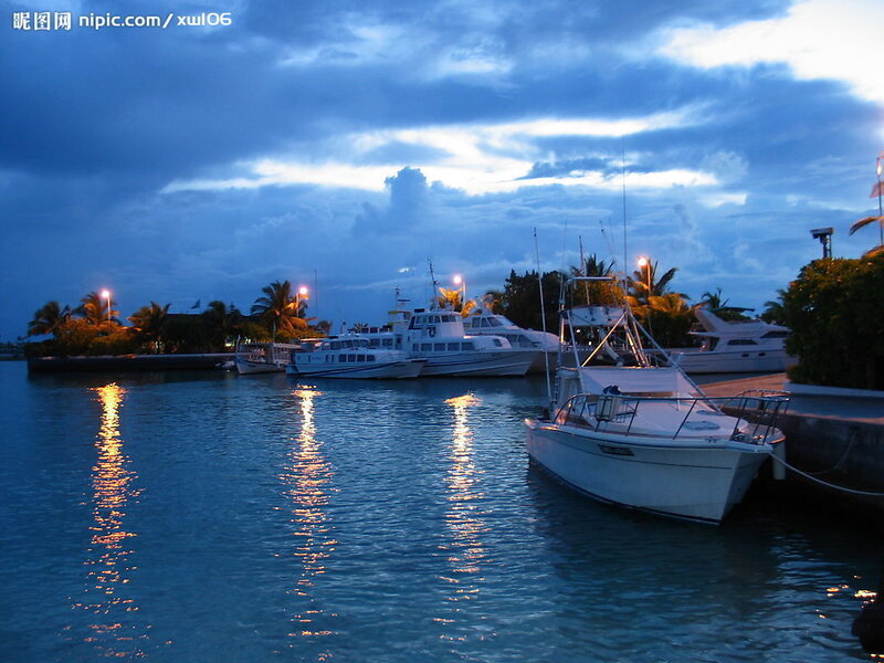 Boats docked at dusk