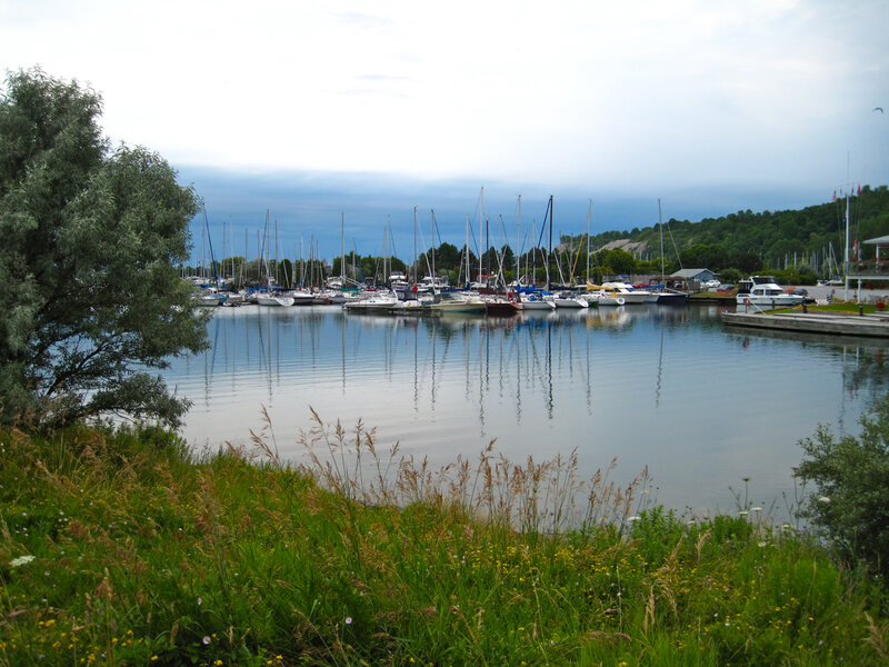 Boats docked in a calm harbor