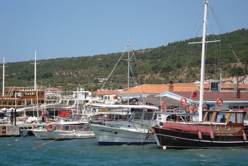 Boats docked in a harbor
