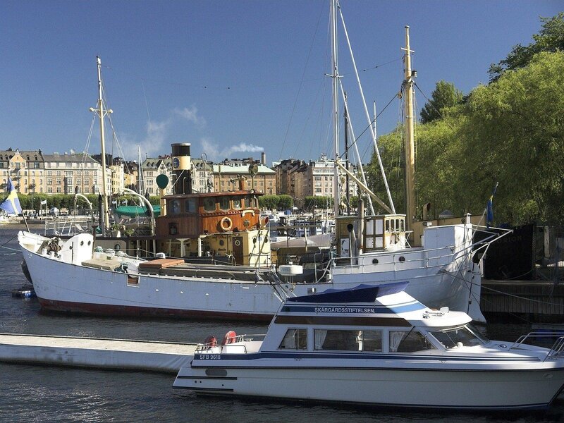 Boats docked in a harbor