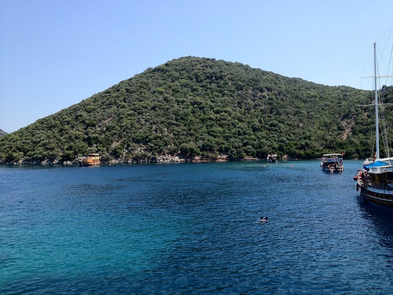 Boats in a Bay — Blue, Serene, Afternoon, Photograph, Mountain