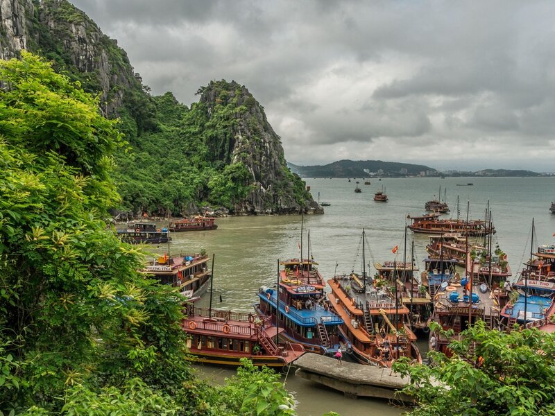 Boats in a Bay — Green, Overcast, Photograph, Cliffs