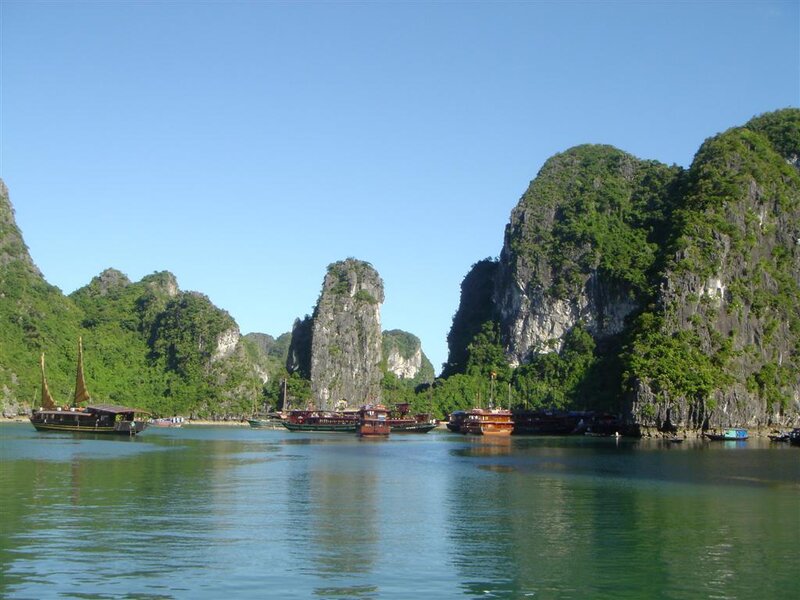 Boats in a Bay — Green, Serene, Afternoon, Photograph, Rock Formations, Trees
