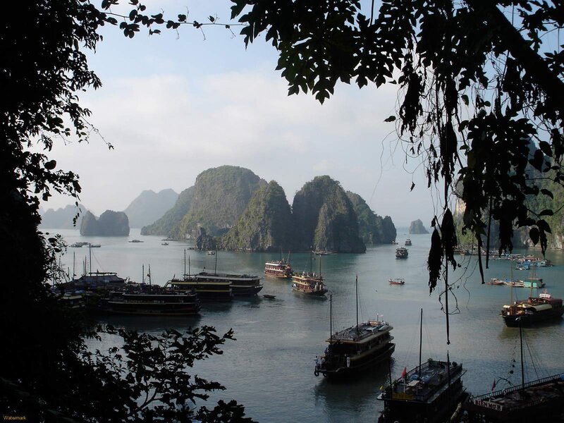 Boats in a bay with limestone islands
