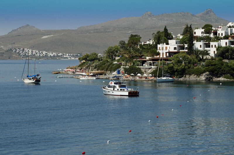 Boats in a Coastal Bay — Blue, Serene