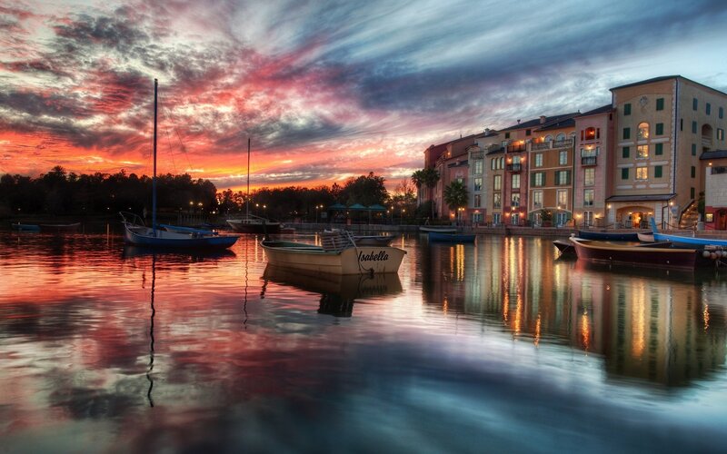 Boats in a Harbor at Sunset — Red
