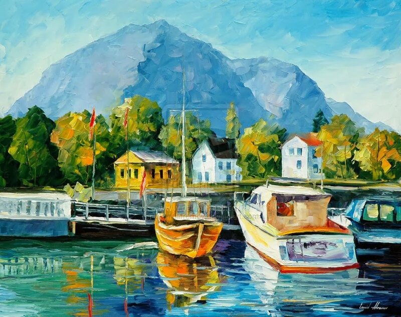 Boats in a Harbor — Blue, Serene, Afternoon, Painting, Mountain
