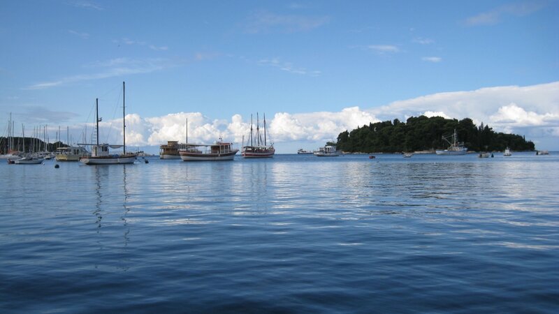 Boats in a Harbor — Blue, Serene, Afternoon, Photograph, Island