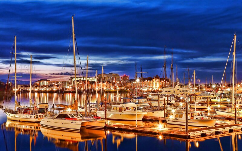 Boats in a Harbor — Blue, Serene, Night, Photograph, Sailboats