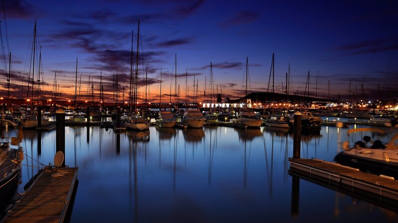 Boats in a Harbor — Blue, Serene, Night