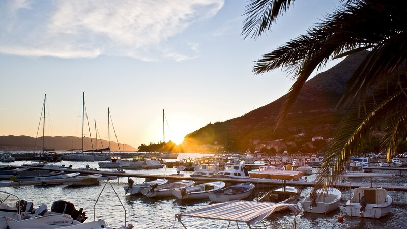 Boats in a Harbor — Blue, Serene, Sunset, Photograph, Mountain