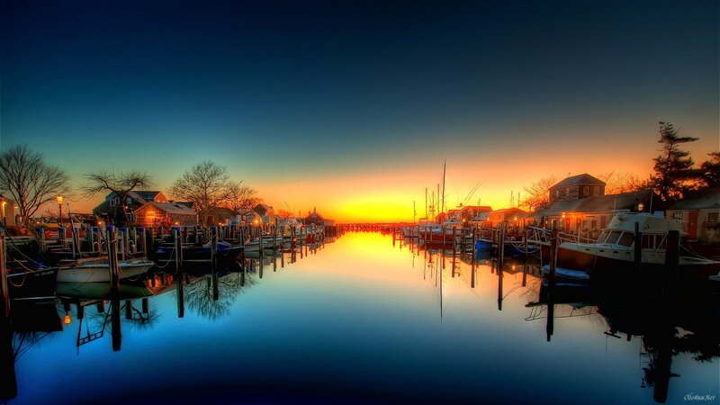Boats in a Harbor — Blue, Serene, Sunset
