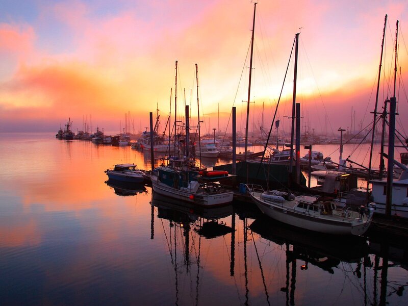 Boats in a Harbor — Orange, Serene, Sunrise