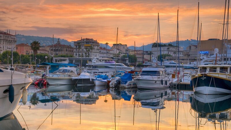 Boats in a Harbor — Orange, Serene, Sunset, Photograph, Buildings