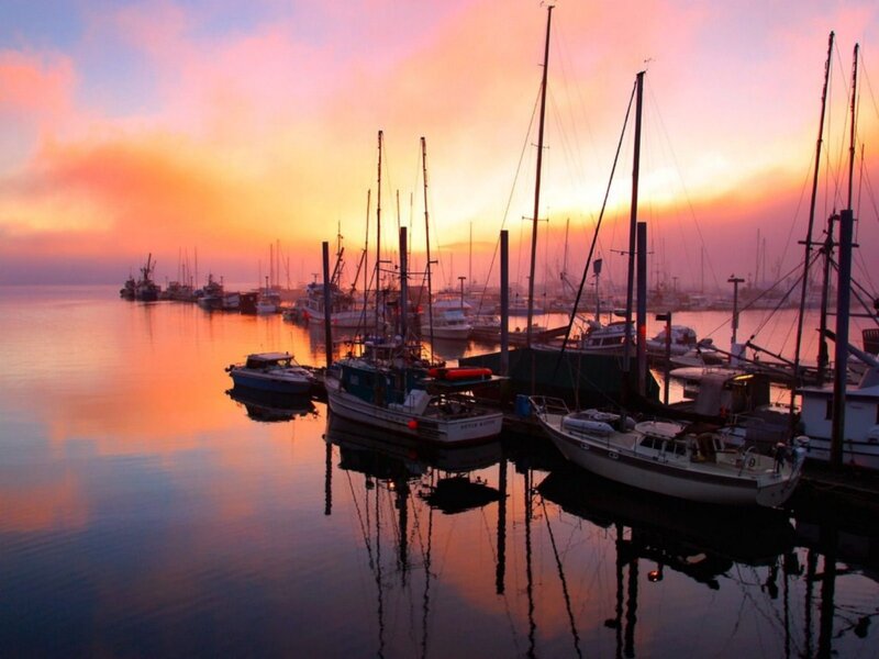 Boats in a Harbor — Orange, Serene, Sunset
