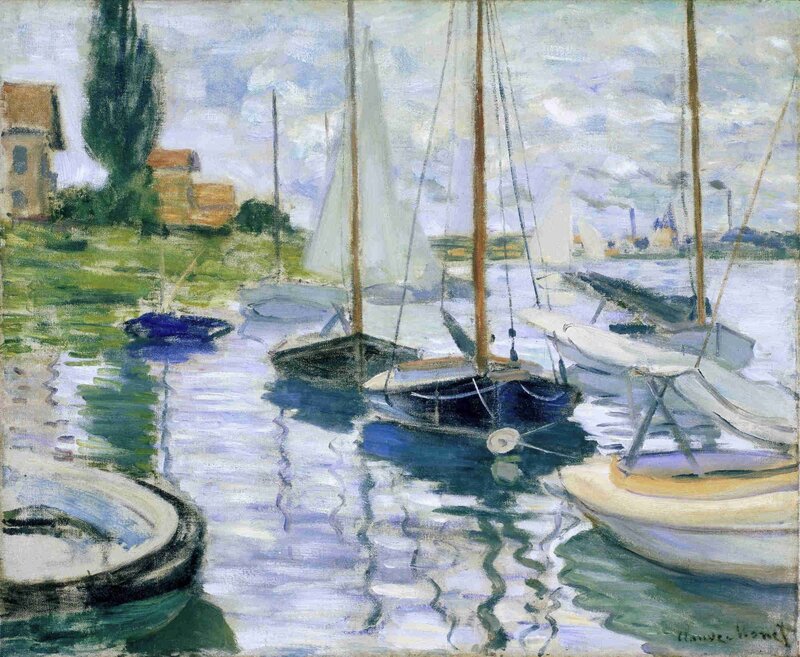 Boats in a harbor painting