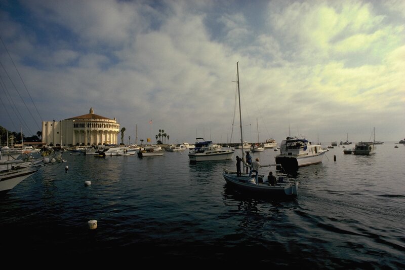 Boats in a harbor with a large building