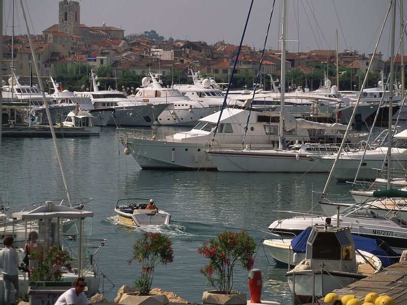 Boats in a harbor with town in background