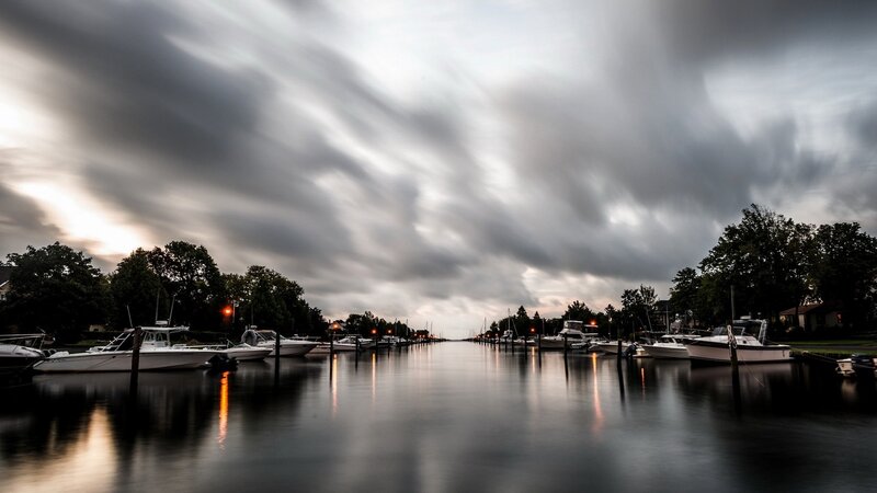 Boats in a Marina — Gray, Dramatic, Night, Photograph