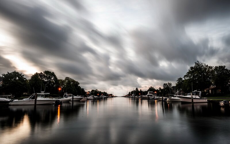 Boats in a Marina — Gray, Dramatic, Night