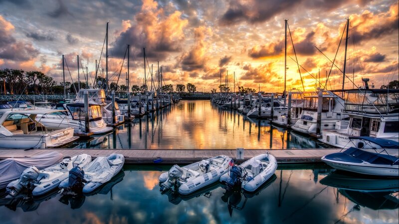 Boats in a Marina — Orange, Dramatic, Sunset
