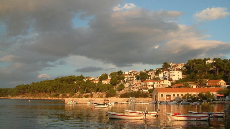 Boats in Coastal Village — Blue