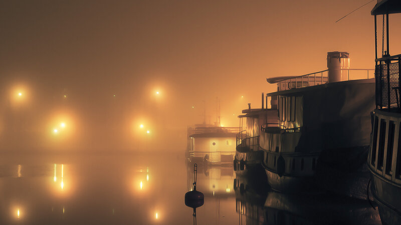 Boats in Foggy Harbor — Orange