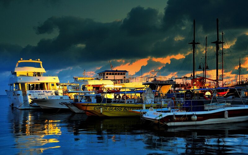 Boats in Harbor at Dusk — Blue, Dramatic