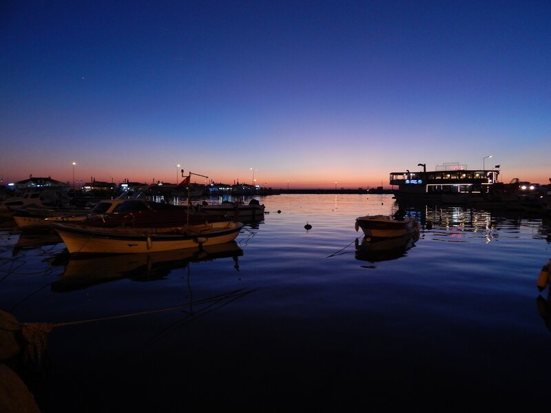 Boats in Harbor at Dusk — Blue, Serene, Night