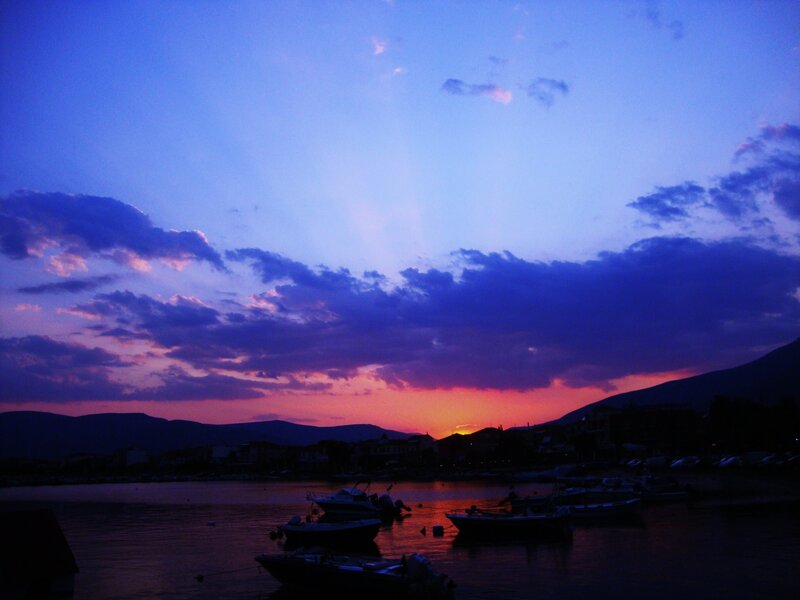 Boats in Harbor at Dusk — Blue, Serene, Sunset, Photograph, Mountains