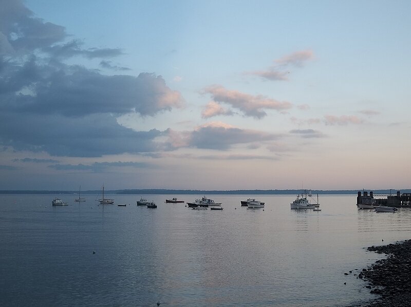 Boats in Harbor at Dusk — Blue, Serene, Sunset