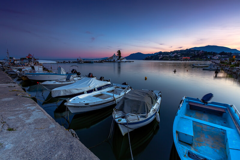 Boats in Harbor at Dusk — Blue, Serene