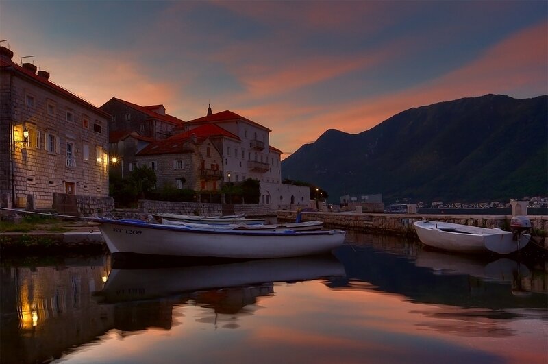 Boats in Harbor at Dusk