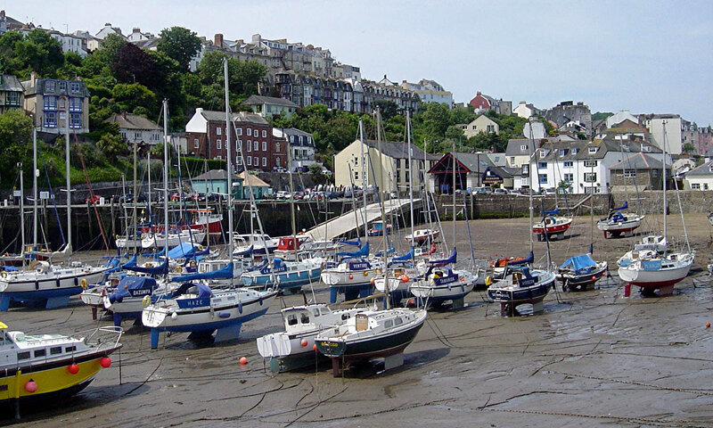 Boats in Harbor at Low Tide — Brown