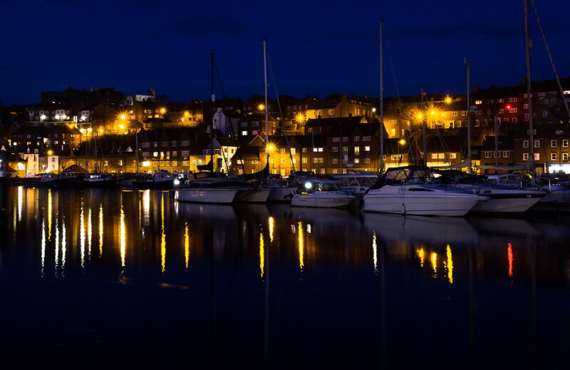Boats in Harbor at Night — Blue, Calm
