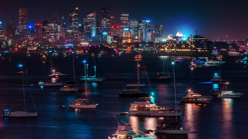 Boats in Harbor at Night — Blue, Dramatic