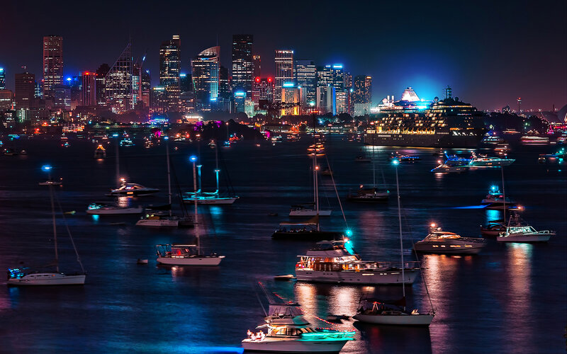 Boats in Harbor at Night — Blue