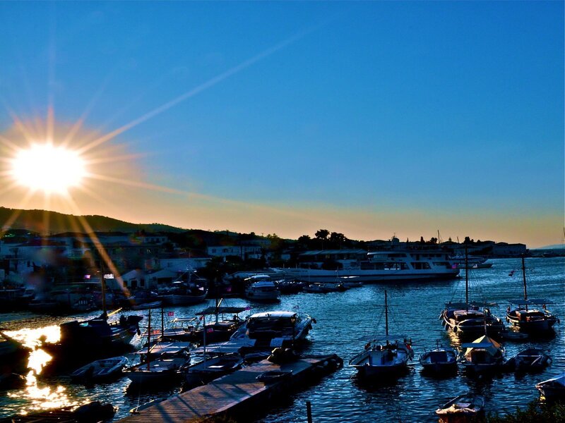 Boats in Harbor at Sunset — Blue, Serene