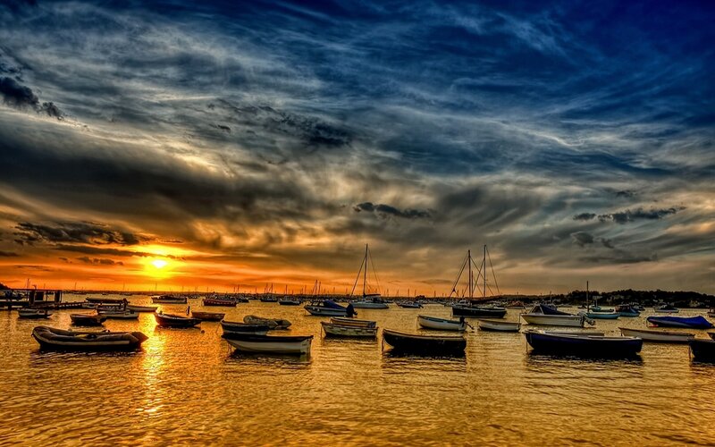 Boats in Harbor at Sunset — Blue