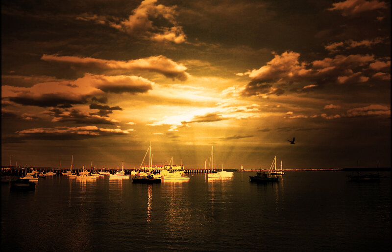 Boats in Harbor at Sunset — Golden