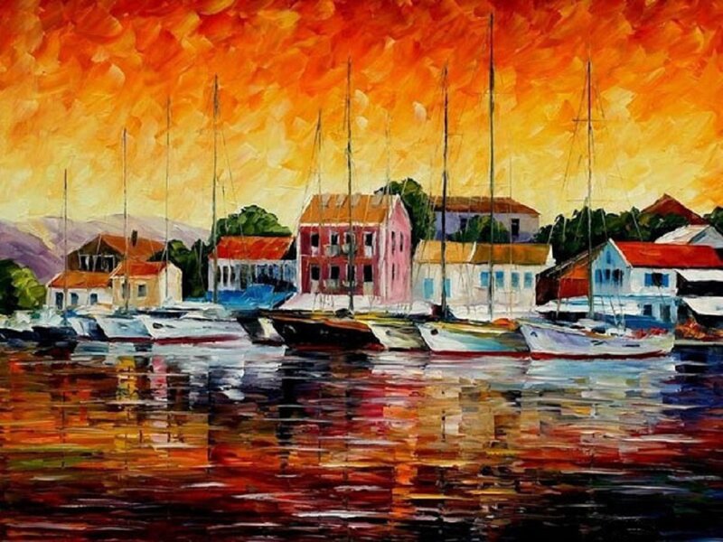 Boats in Harbor at Sunset — Orange, Dramatic, Painting