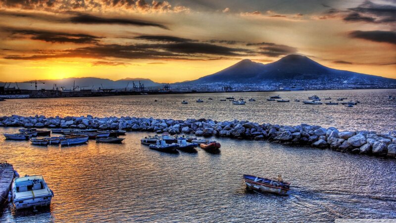 Boats in Harbor at Sunset — Orange, Dramatic, Photograph, Mountain, Cranes