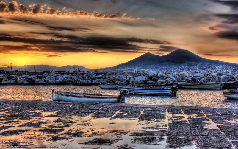 Boats in Harbor at Sunset — Orange, Dramatic, Photograph, Mountain, Sky