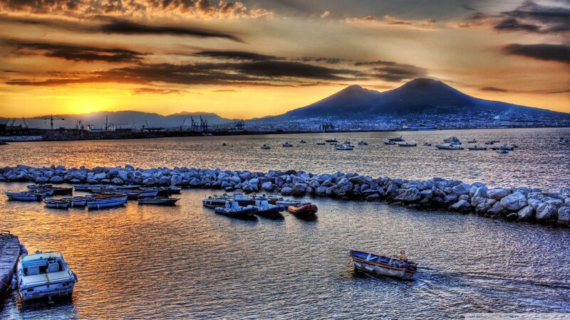 Boats in Harbor at Sunset — Orange, Dramatic, Photograph, Mountain