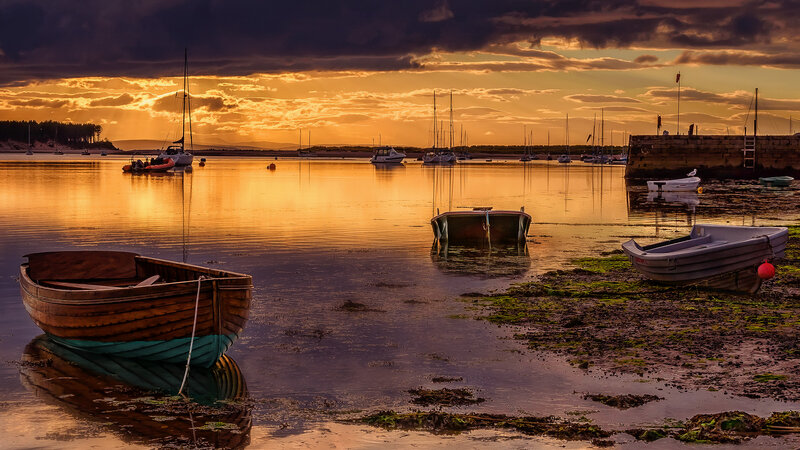 Boats in Harbor at Sunset — Orange, Dramatic, Photograph, Sailboats