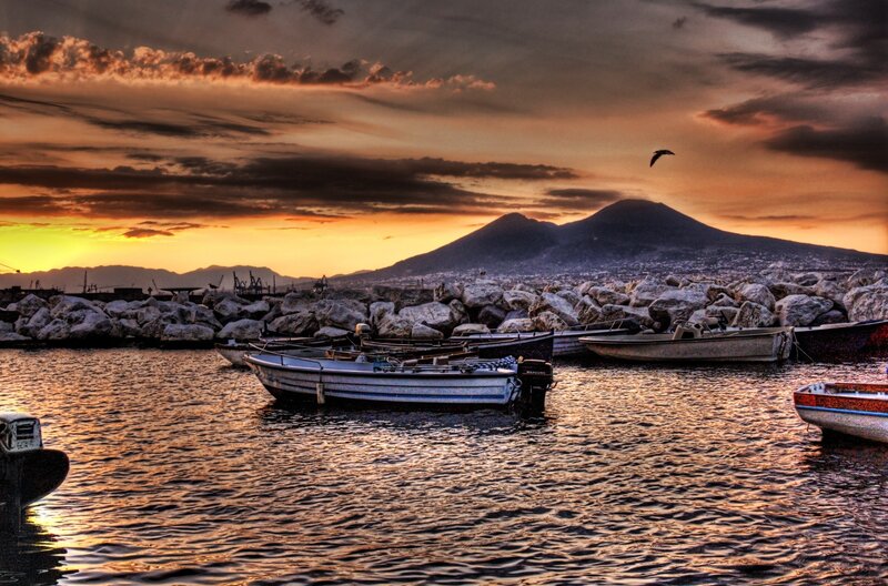Boats in Harbor at Sunset — Orange, Dramatic