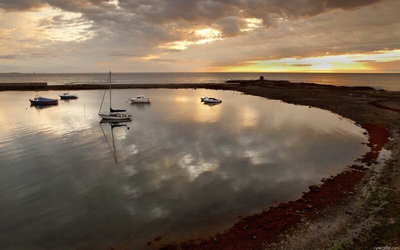 Boats in Harbor at Sunset — Orange, Serene, Photograph, Sailboat
