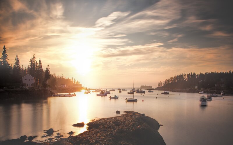 Boats in Harbor at Sunset — Orange, Serene, Photograph, Trees