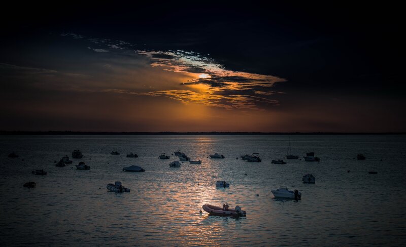 Boats in Harbor at Sunset — Orange, Serene, Photograph, Water